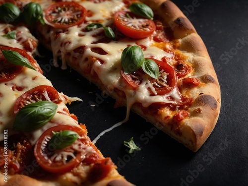 Rustic pizza on black background with tomato and cheese, italian fast food concept with copy space. photo