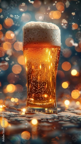 Glass of cold beer with a frothy top, premium quality, festive holiday ambiance, warm glow around