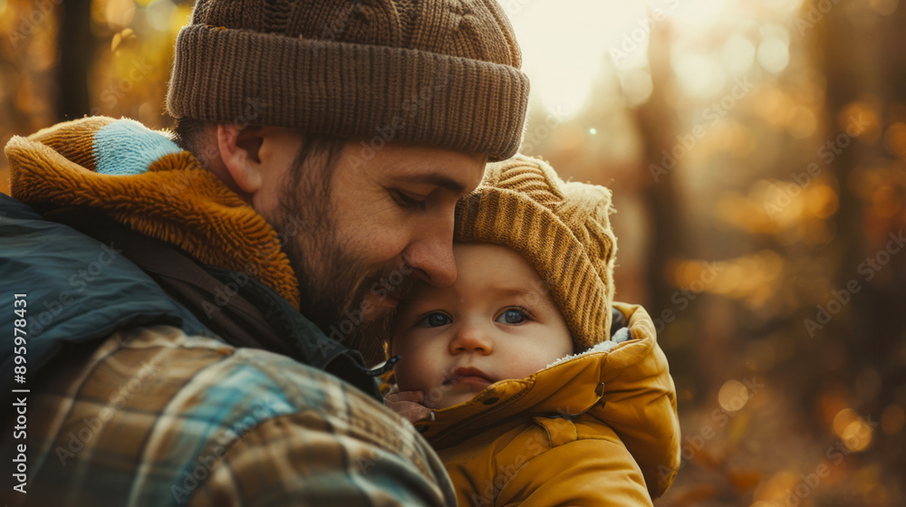 Obraz premium Father holding baby in autumn forest