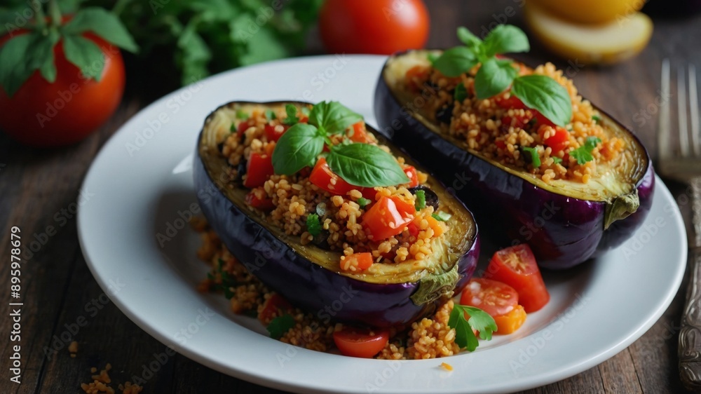 Stuffed eggplants, salad with bulgur, fruits, vegetables healthy vegetarian food. Stuffed eggplants, salad with bulgur, fruits, vegetables healthy vegetarian food.