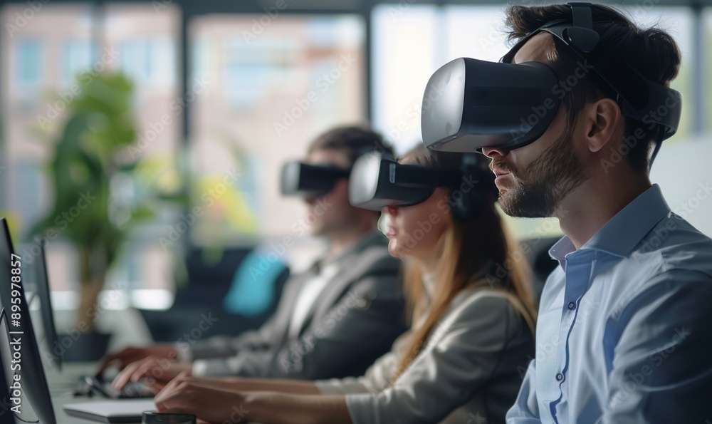 Employees participating in a virtual reality training session Employees participating in a virtual reality training session