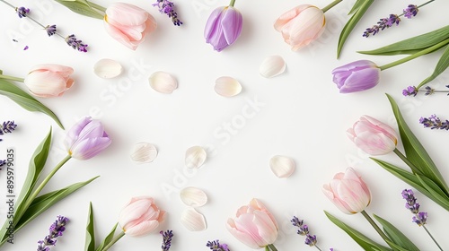 Close-up image of white and pink flowers with delicate petals, artfully arranged on a smooth white surface. The light catches the flowers, highlighting their intricate details