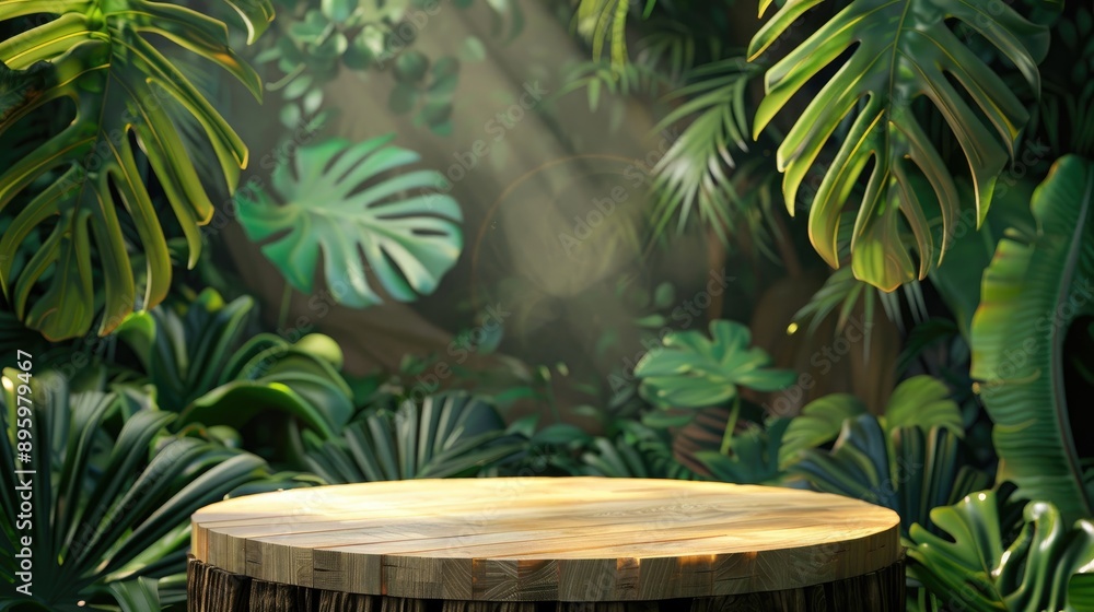 Jungle backdrop with a 3D podium, featuring tropical leaves and a wooden platform for summer product displays Jungle backdrop with a 3D podium, featuring tropical leaves and a wooden platform for summer product displays