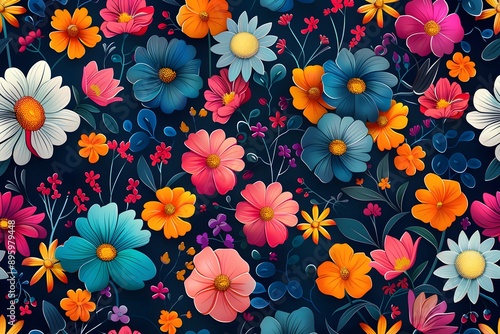Vibrant Floral Pattern with Colorful Blooms on a Dark Background