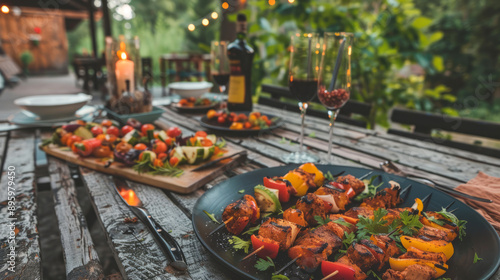 Outdoor dining with assorted grilled skewers and vegetables