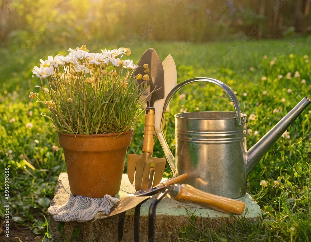 Still life with garden tools on a background of green grass. The concept of spring gardening Still life with garden tools on a background of green grass. The concept of spring gardening
