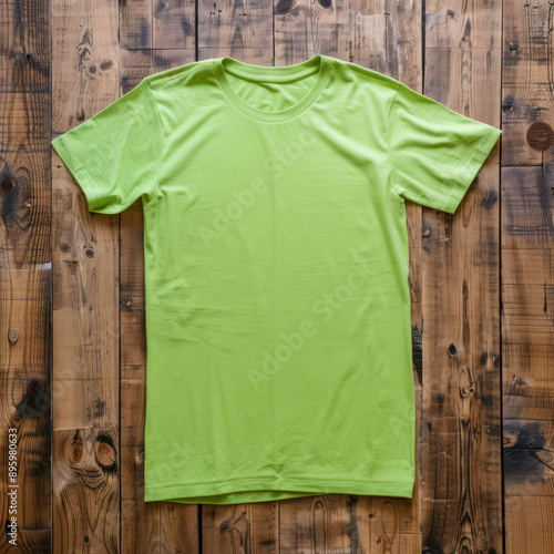T- shirt mockup on wooden background, Mock up for design and print, Front Kiwi Green T-shirt Mockup	