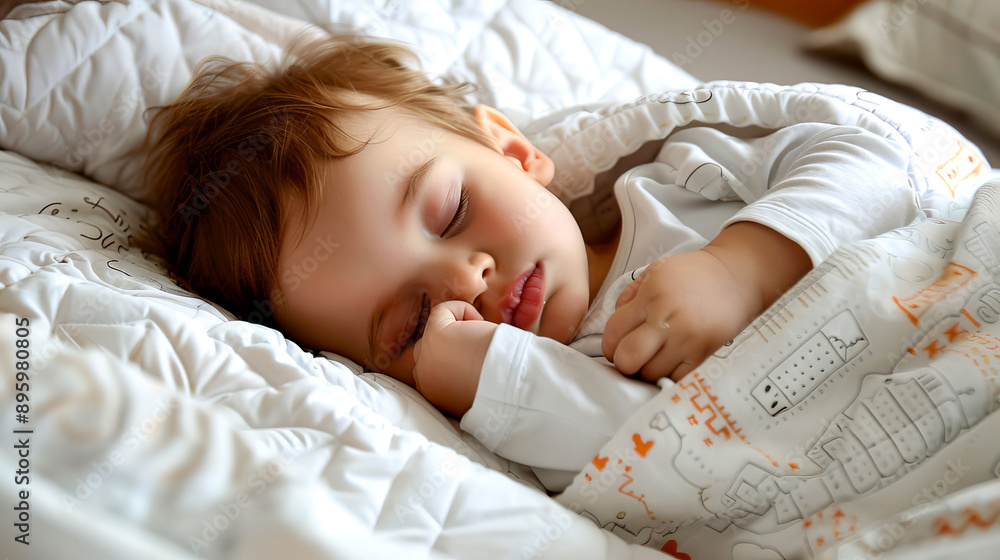 Peaceful baby sleeping soundly in cozy bed with white linens Peaceful baby sleeping soundly in cozy bed with white linens