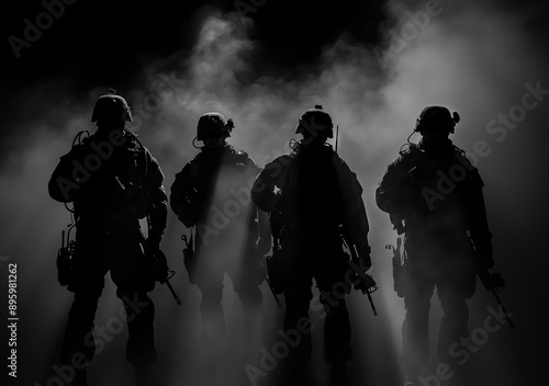 A group of special forces soldiers dressed in black, silhouetted against a smoky background, creating a dramatic and intense scene photo