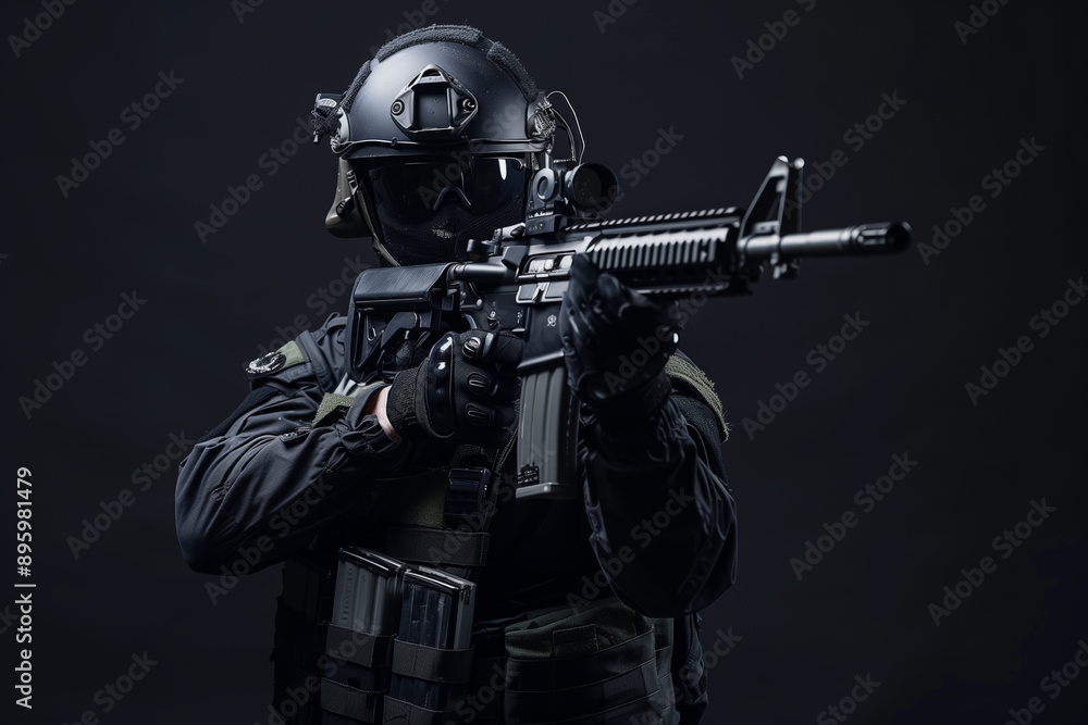 A special forces operator in full tactical gear aiming a rifle, ready for action in a dark environment.
A special forces operator in full tactical gear aiming a rifle, ready for action in a dark environment.