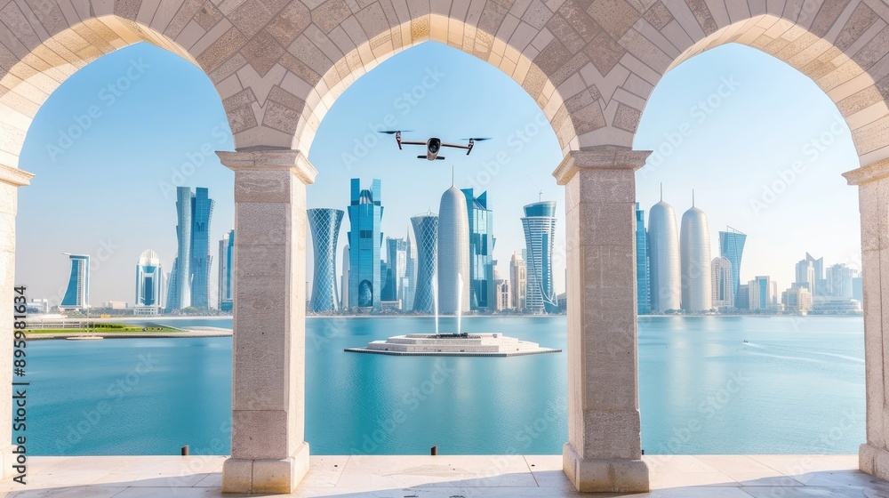 Fototapeta premium A drone flies over a cityscape of modern skyscrapers, seen through a stone archway with a view of the waterfront and a fountain in the foreground