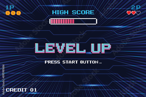 LEVEL UP. pixel art .8 bit game. retro video game. for game assets in vector illustrations.	