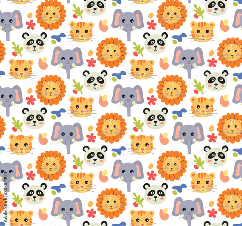 Seamless pattern with cute face animals. Vector childish colorful background with cartoon characters. 