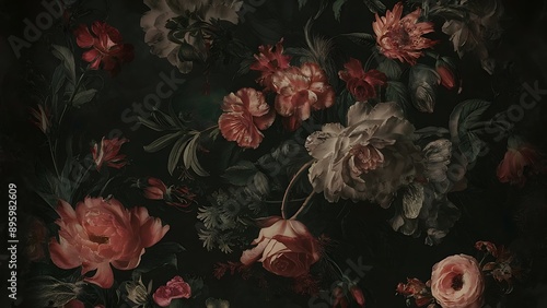 Dark floral wallpaper with vintage botanical print and moody hues, featuring lush blooms , vintage, dark, floral, wallpaper, botanical, print, moody, lush, blooms, vintage aesthetic