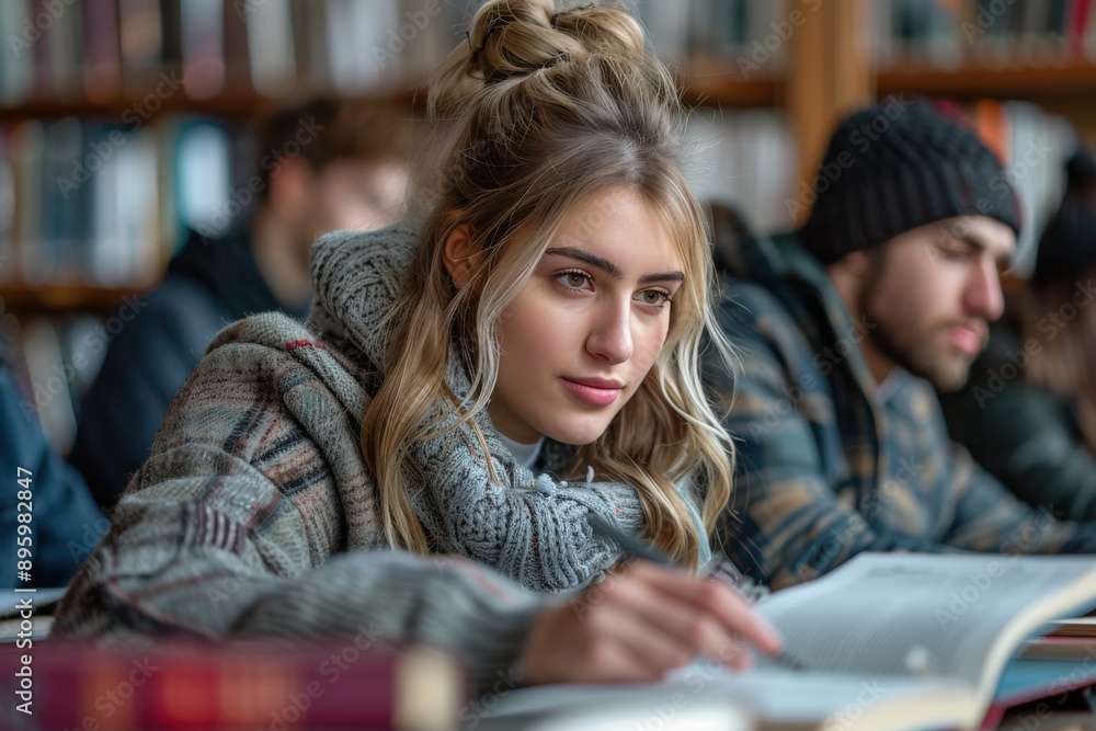 Young woman with bun hair and cozy scarf studying attentively in a library, with bookshelves in the background, highlighting focus and dedication on a winter day. Young woman with bun hair and cozy scarf studying attentively in a library, with bookshelves in the background, highlighting focus and dedication on a winter day.
