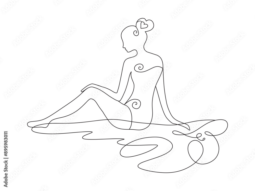 Woman beautiful sitting pose drawn in modern style. Fashionable logo. One line, vector design. Continuous single line drawing. Simple style for decor, spa salon, beauty salon, fashion print, painting Woman beautiful sitting pose drawn in modern style. Fashionable logo. One line, vector design. Continuous single line drawing. Simple style for decor, spa salon, beauty salon, fashion print, painting