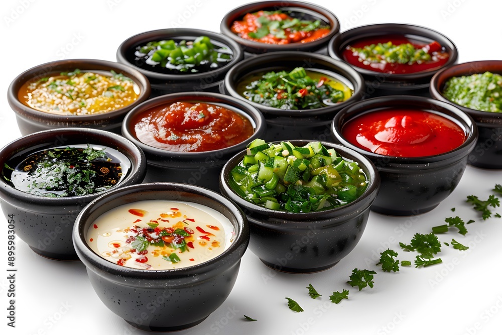 A Colorful Array of Delicious Dipping Sauces in Elegant Bowls A Colorful Array of Delicious Dipping Sauces in Elegant Bowls