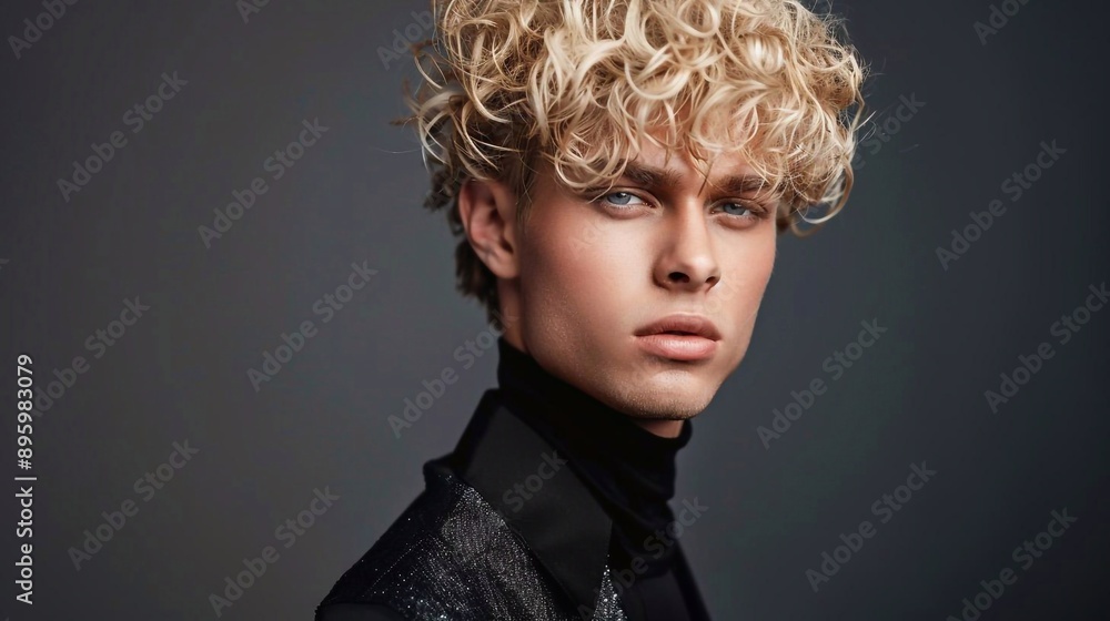 Men's Beauty: Creative Hair Art and Styling . Man with blond Curly Hair . smiling man close-up portrait . Generative AI Men's Beauty: Creative Hair Art and Styling . Man with blond Curly Hair . smiling man close-up portrait . Generative AI
