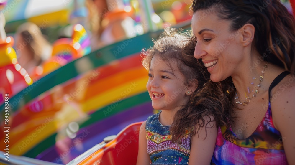 A woman and a little girl are riding a roller coaster A woman and a little girl are riding a roller coaster