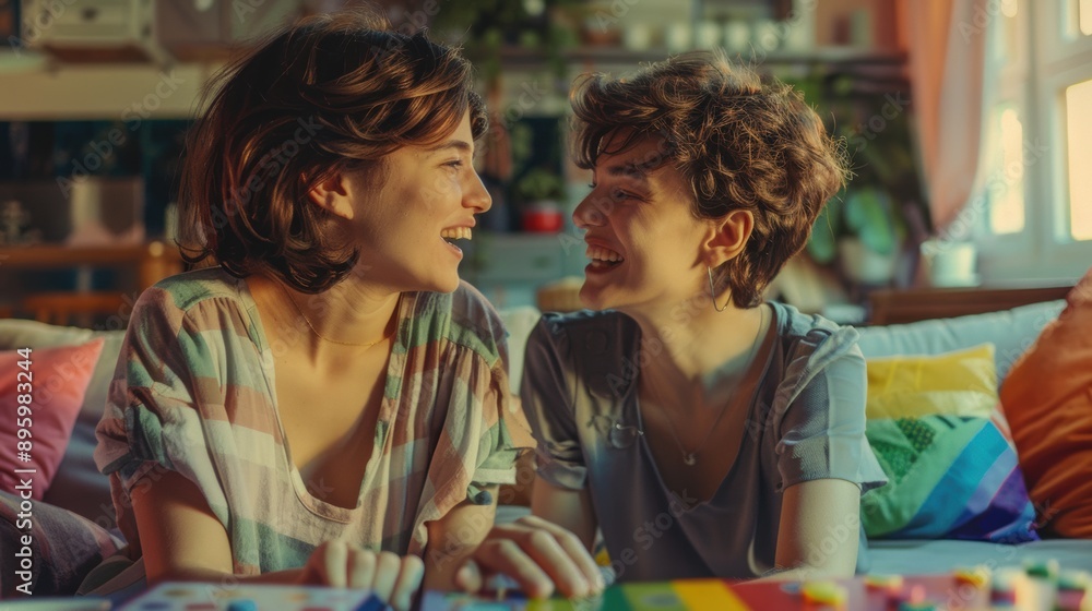 Two women are sitting on a bed and smiling at each other Two women are sitting on a bed and smiling at each other