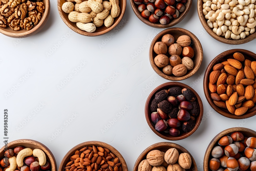 A Beautiful Array of Nuts in Wooden Bowls A Beautiful Array of Nuts in Wooden Bowls