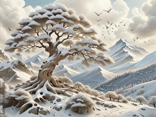 Digital art piece that appears to be relief landscape It tree br