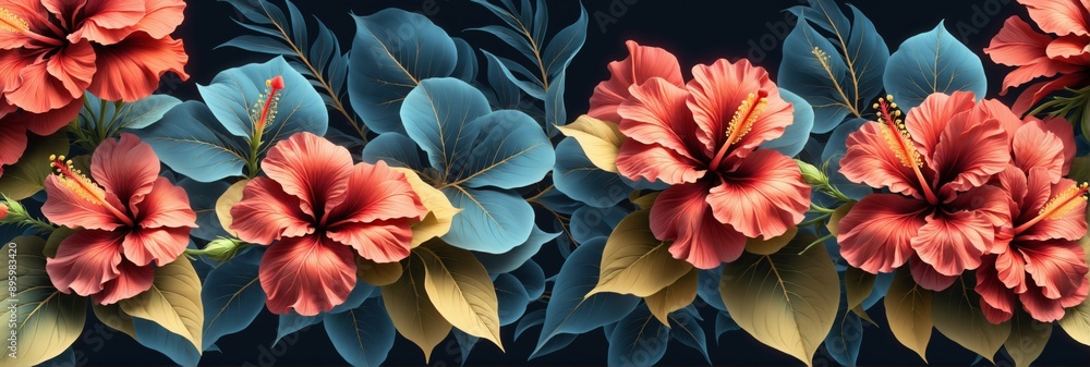 Digital illustration four red hibiscus flowers yellow stamens ar Digital illustration four red hibiscus flowers yellow stamens ar