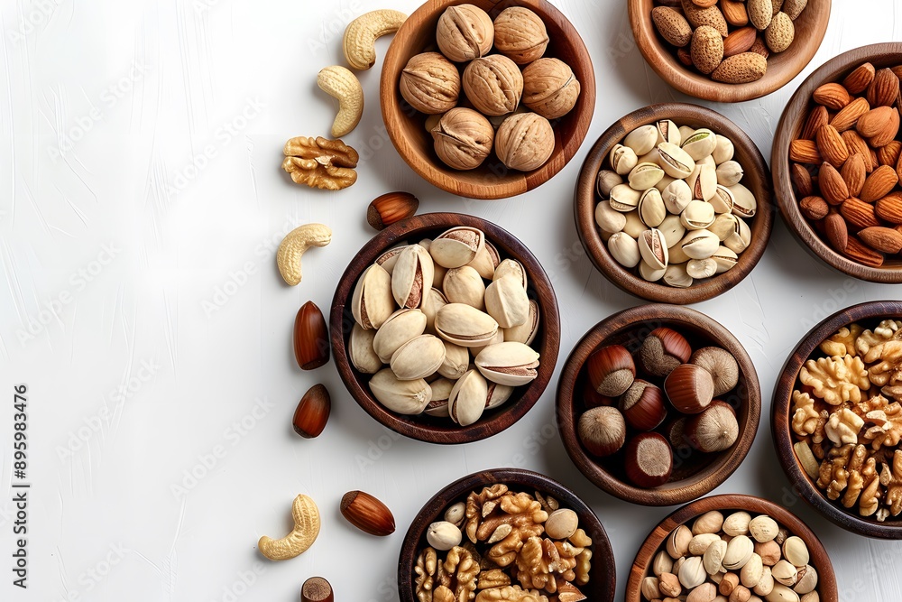 A Colorful Array of Nuts in Wooden Bowls A Colorful Array of Nuts in Wooden Bowls