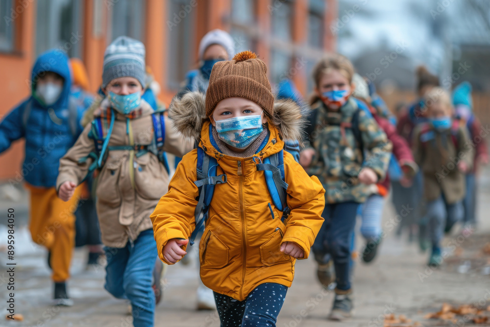 A group of children wearing masks and warm clothes, running energetically outside the school, depicting resilience, joy, and adaptation to the new normal in a winter setting. A group of children wearing masks and warm clothes, running energetically outside the school, depicting resilience, joy, and adaptation to the new normal in a winter setting.