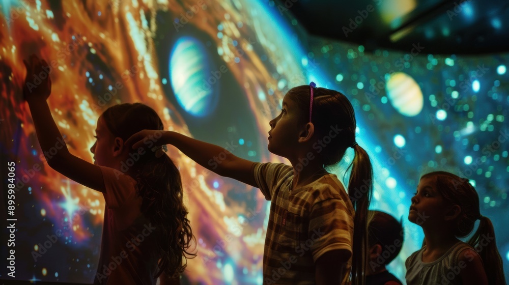 Fototapeta premium A group of children are looking at a projection of a planet