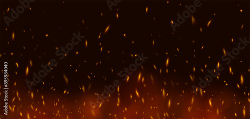 Flame with sparks, fire with flying cinder, abstract glowing embers, heat sparkles, bokeh fire texture. Vector illustration.