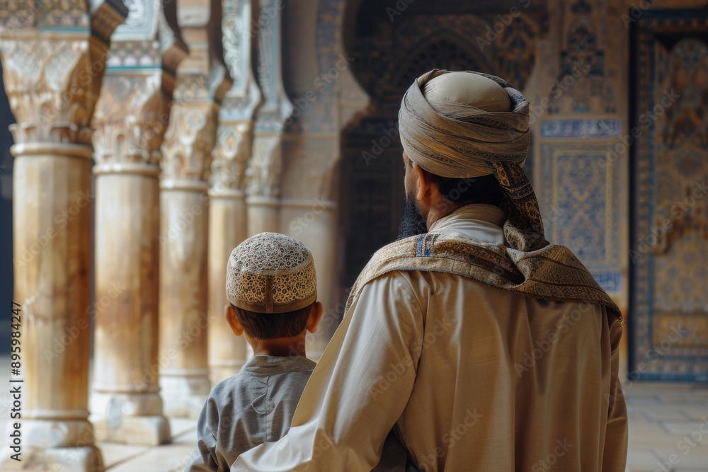 Naklejka premium A Muslim father and son in traditional attire, standing in a beautifully decorated mosque