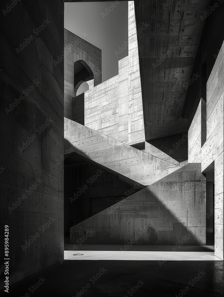 Concrete Geometry: A captivating black and white photograph of a modern, architectural space, showcasing a geometric play of light and shadow within a concrete structure. Concrete Geometry: A captivating black and white photograph of a modern, architectural space, showcasing a geometric play of light and shadow within a concrete structure.