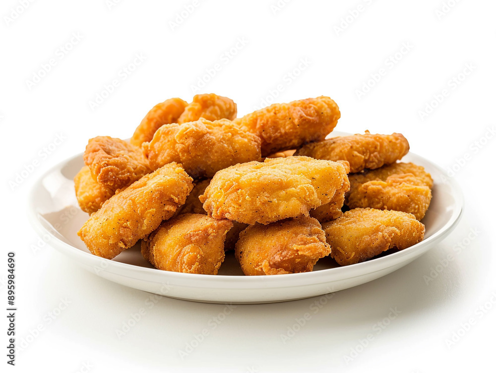 Chicken nuggets on a plate, isolated on white background.