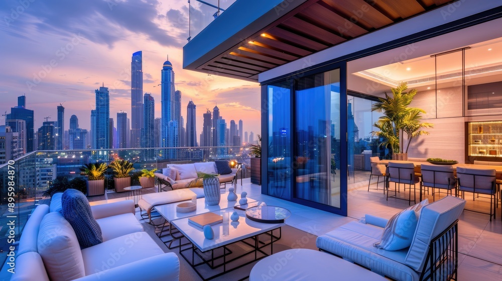 Fototapeta premium Luxurious penthouse terrace with city views, perfect for showcasing modern apartment designs and high-end living