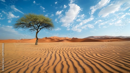 Vast Desert Landscape with Lone Tree Amidst Rippling Sand Dunes under Dramatic Sky