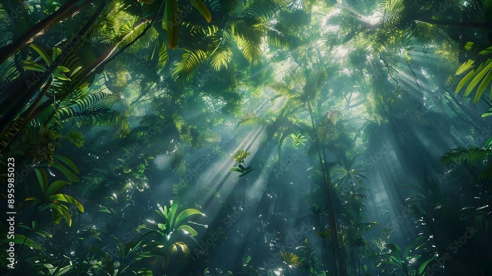 Fototapeta premium Lush Rainforest Canopy Bathed in Magical Sunlight Beams