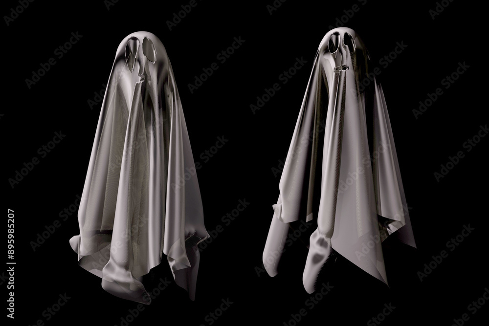 Set of spooky scary Halloween ghosts isolated on black background. 3D render illustration. Set of spooky scary Halloween ghosts isolated on black background. 3D render illustration.