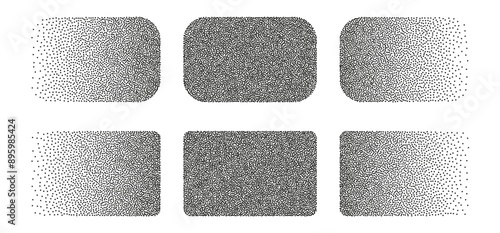 Dotwork abstract shapes, rectangles in black grain texture, Stipple sand effect, gradient figures from dots. Vector illustration.