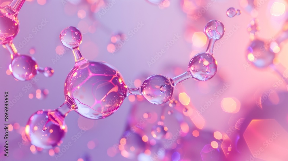 A group of glass molecules is floating in a scientific background with pink and purple colors