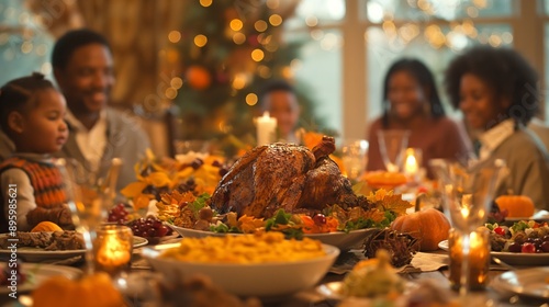 Happy Black Family Celebrating Thanksgiving or Christmas. A Festive Turkey Dinner. Cozy dining room