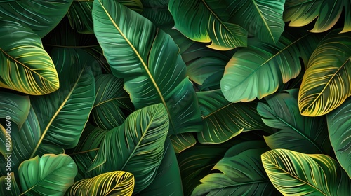 Wallpaper Mural Luxury green leaf pattern, abstract plant background, palm foliage wallpaper, floral art, golden accents, seamless jungle texture, summer - Torontodigital.ca