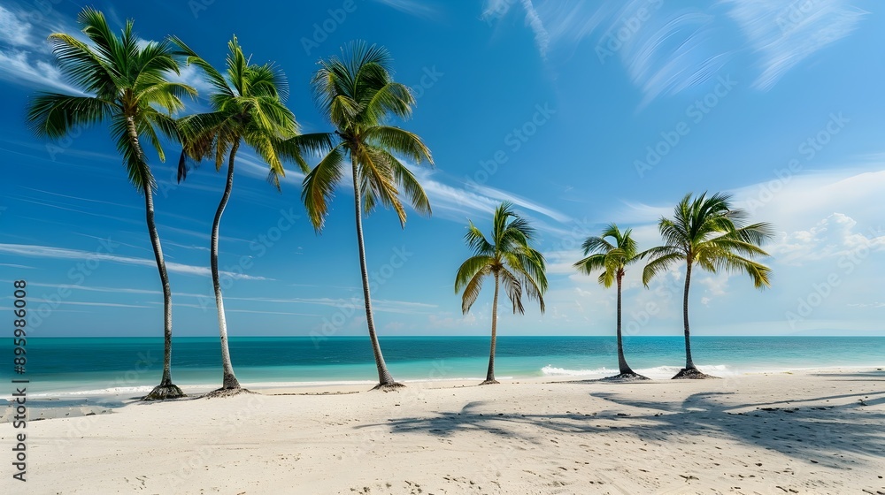 Idyllic tropical beach with swaying palm trees and turquoise ocean Idyllic tropical beach with swaying palm trees and turquoise ocean