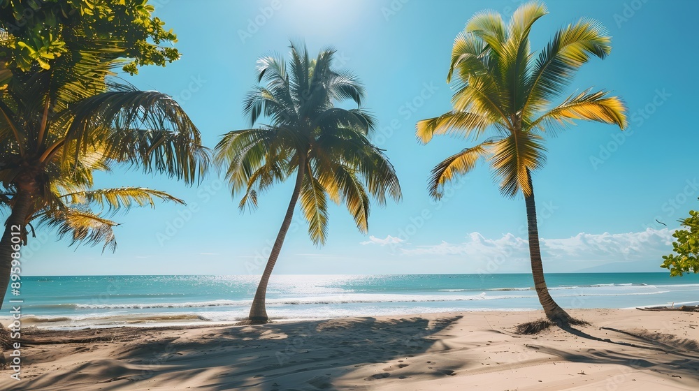 Obraz premium Stunning Tropical Beach Scenery with Swaying Palm Trees and Serene Ocean Waves