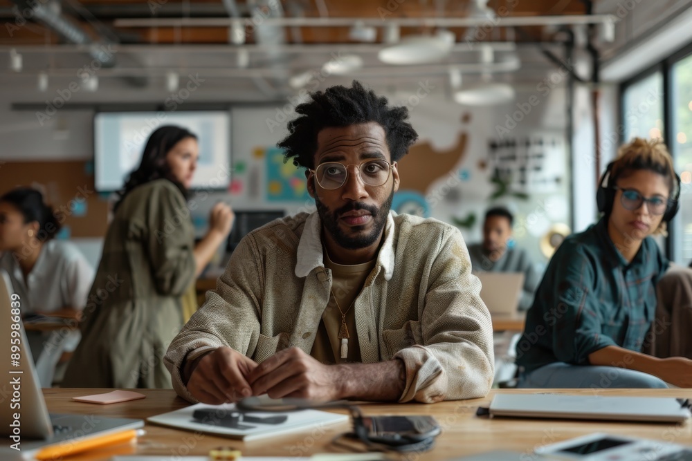 Fototapeta premium A father and his two young children gather mushrooms in a colorful autumn forest, highlighting family bonding and outdoor activities in a natural setting, filled with joy and exploration.