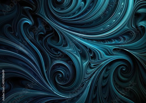 Abstract swirls of blue and teal lines on a black background