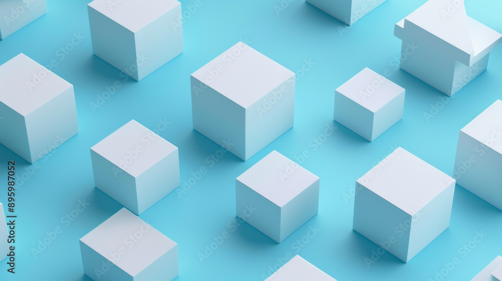 Abstract arrangement of white cubes on blue Abstract arrangement of white cubes on blue