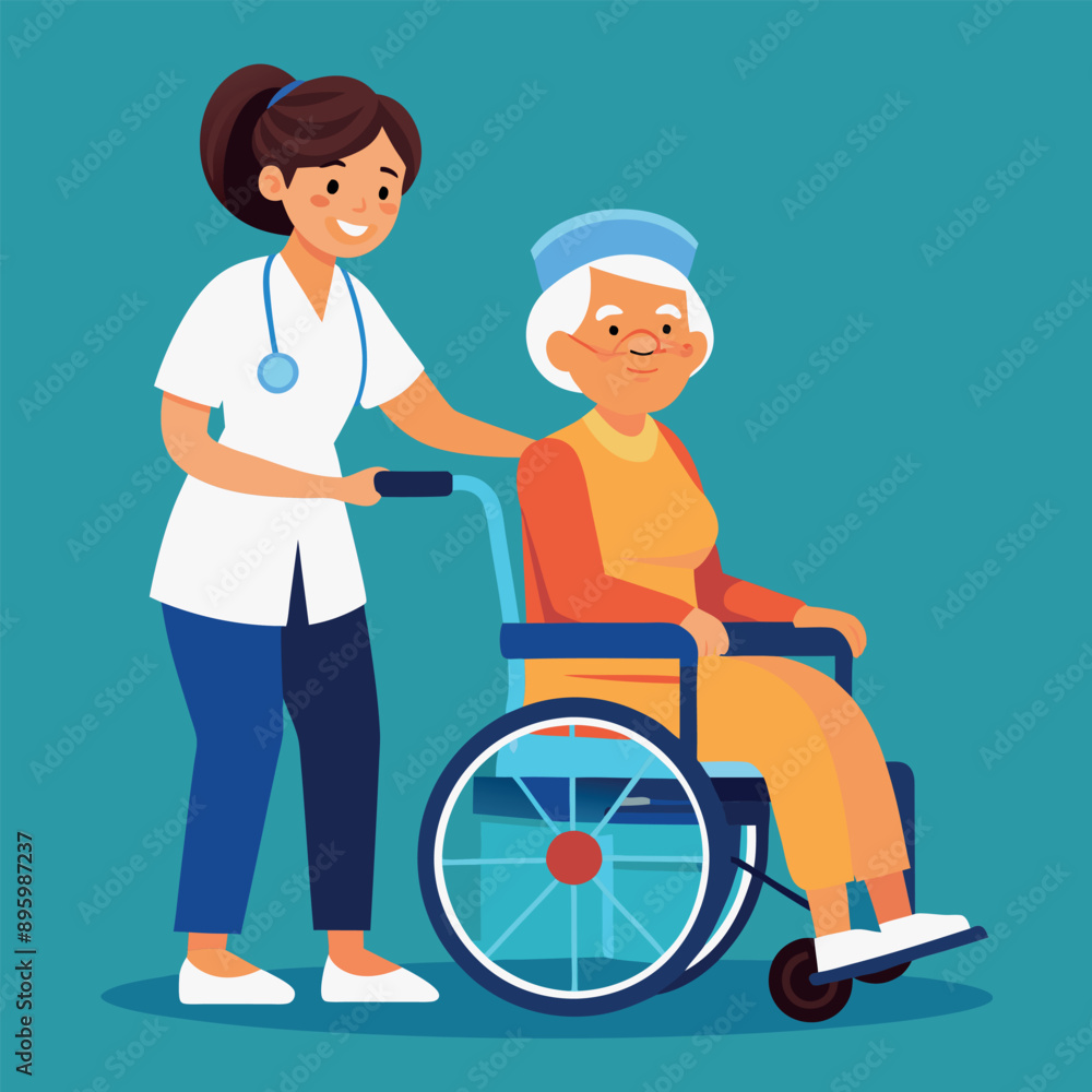 Young nurse pushing smiling senior woman in wheelchair Young nurse pushing smiling senior woman in wheelchair