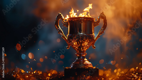 streamers competition Golden sport trophy confetti background streamer gold cup winner prize best illustration celebration succeed champion award. Champion golden trophy isolated on black background. 