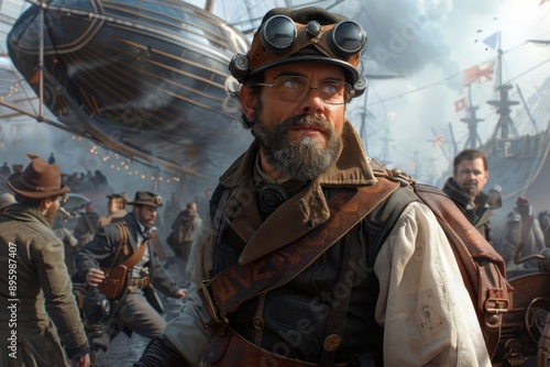 A focused steampunk explorer stands amidst a bustling airship docking area, equipped with gadgets and goggles, preparing for an adventurous journey into the skies.